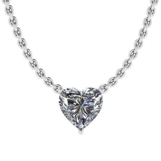 Heart Diamond Solitaire Necklace on Thin Chain White Gold, Enlarge image 1