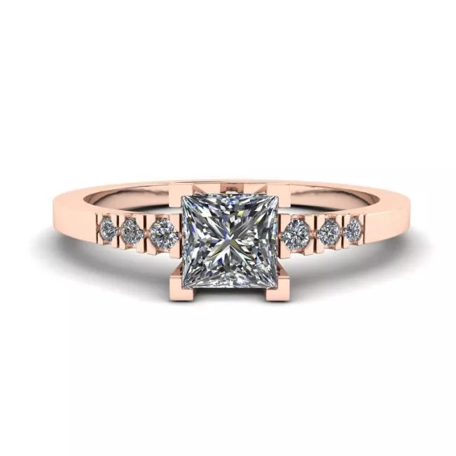 Princess Cut Diamond Ring with 3 Small Side Diamonds Rose Gold