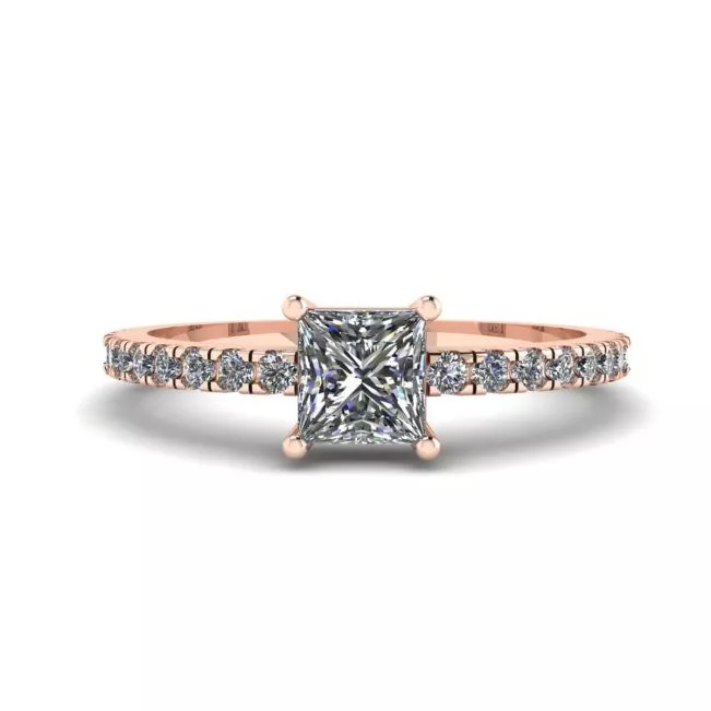 Princess Cut Diamond Ring with Side Pave in 18K Rose Gold