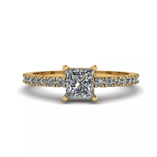 Princess Cut Diamond Ring with Side Pave in 18K Yellow Gold