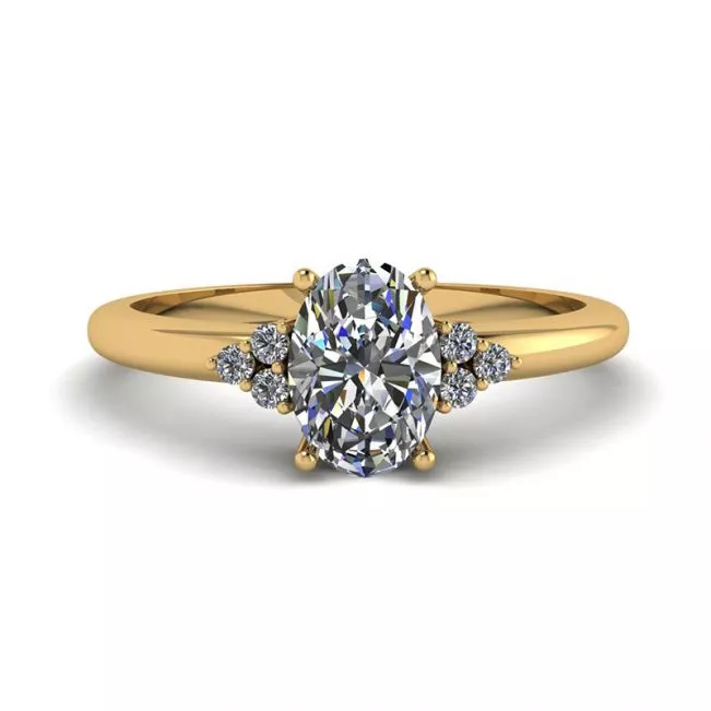 Oval Diamond with 3 Side Diamonds Ring Yellow Gold