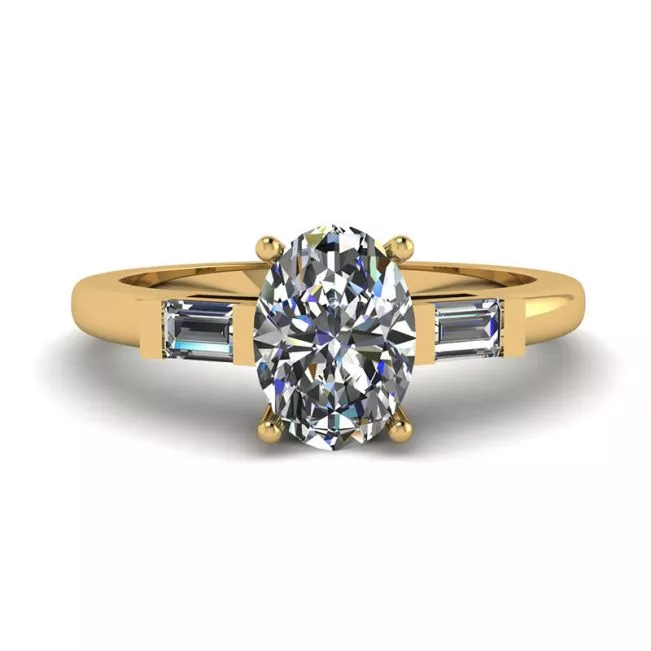 Oval Diamond Side Baguettes Yellow Gold Ring