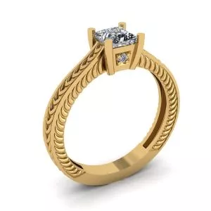 Oriental Style Princess Cut Diamond Ring 18K Yellow Gold - Photo 3