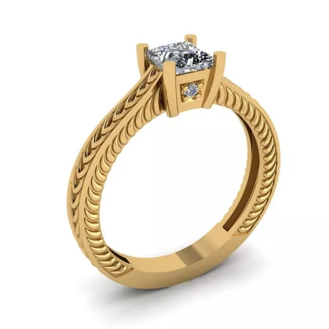 Oriental Style Princess Cut Diamond Ring 18K Yellow Gold - Photo 3