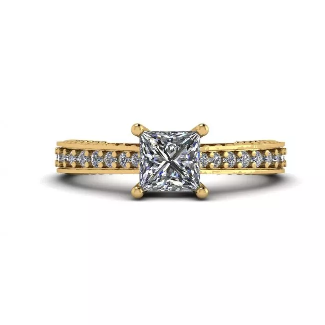 Oriental Style Princess Diamond Ring with Pave in 18K Yellow Gold