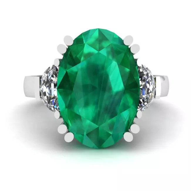 Oval Emerald with Half-Moon Side Diamonds Ring