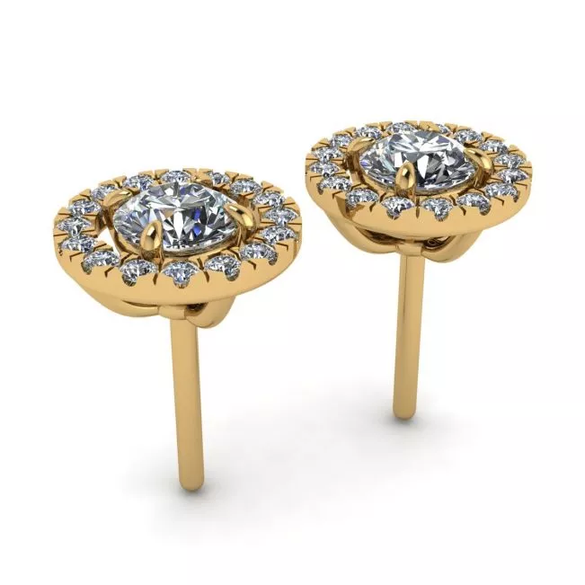 Round Diamond Halo Stud Earrings in 18K Yellow Gold - Photo 2