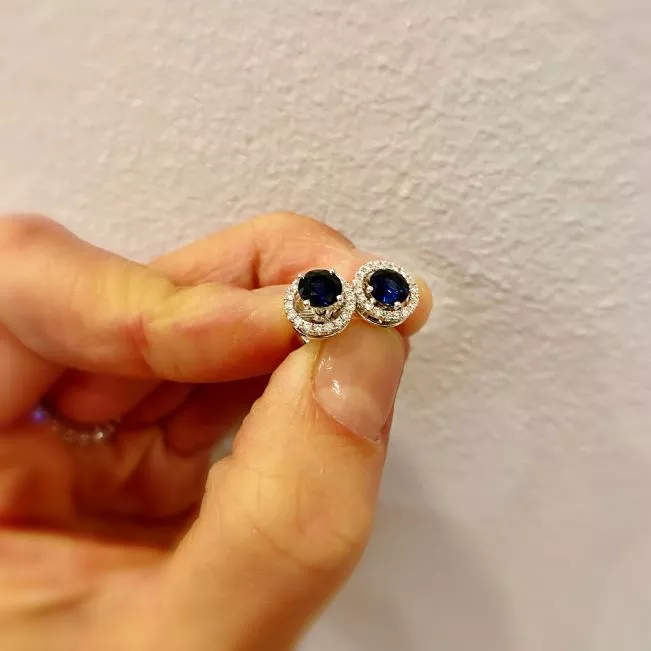 Sapphire Stud Earrings with Detachable Diamond Halo Yellow Gold - Photo 3
