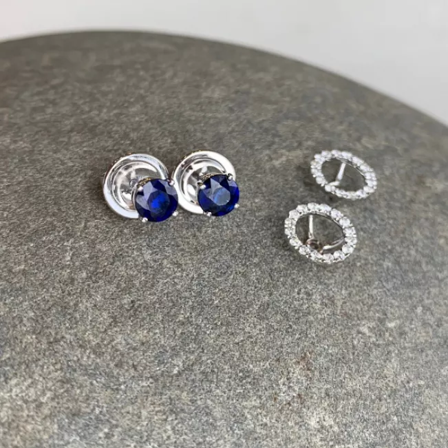 Sapphire Stud Earrings with Detachable Diamond Halo Yellow Gold - Photo 4