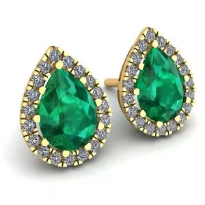 Pear-Shaped Emerald with Diamond Halo Earrings Yellow Gold - Photo 1