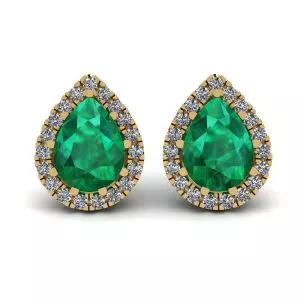 Pear-Shaped Emerald with Diamond Halo Earrings Yellow Gold