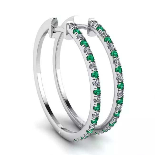 Diamond and Emerald Hoop Earrings White Gold