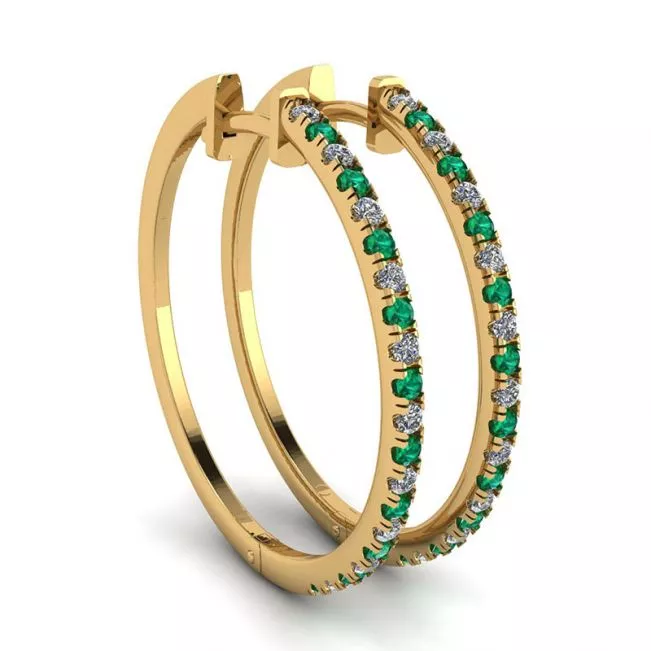 Diamond and Emerald Hoop Earrings Yellow Gold