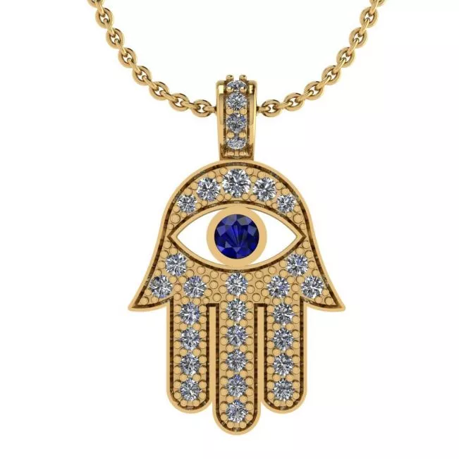 Hamsa Pendant with Diamonds and Sapphires Yellow Gold